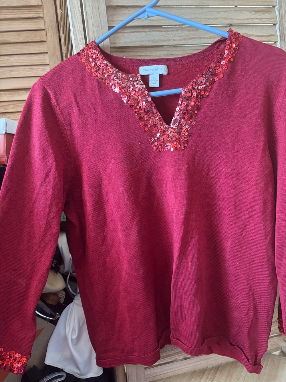 Charter Club Red Sequin Trim V-Neck Pullover Large